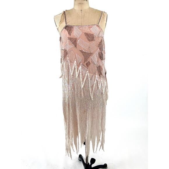 Vtg 80s Sequin Beaded Flapper 20s Art Deco Fringe Glam Gatsby Gown Dress Sz M - Picture 3 of 10